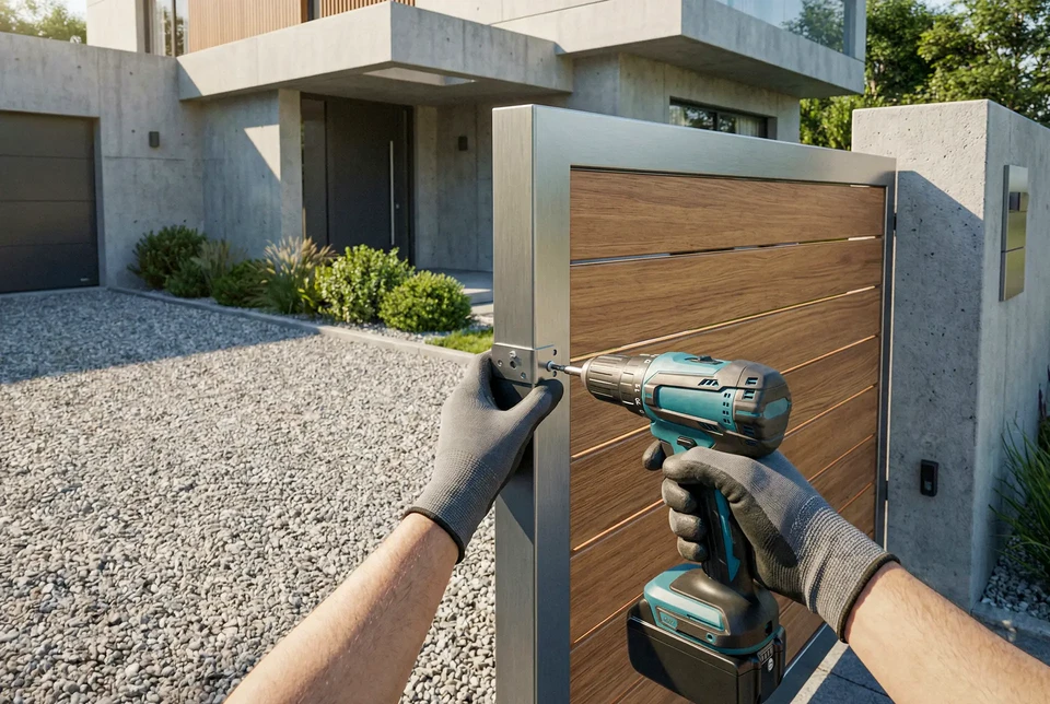 Extérieur d'un complexe industriel moderne avec portail coulissant automatique orange et gris