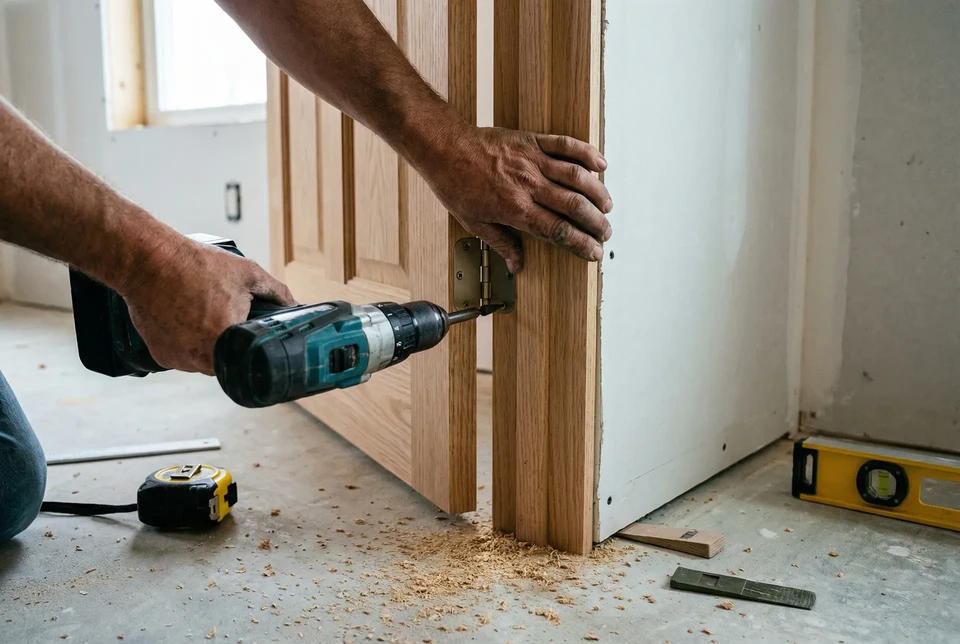 Travailleur avec tournevis réparant la porte à la maison