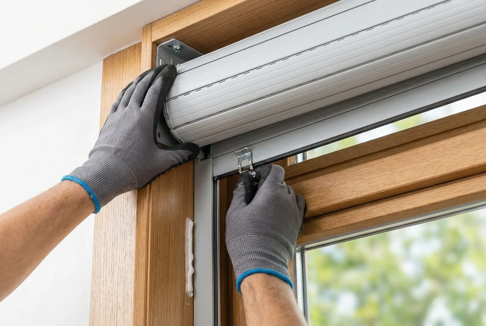 Atelier automobile intérieur avec technicien en gants orange manipulant un outil à ventouses doubles rouges sur vitre de véhicule blanc