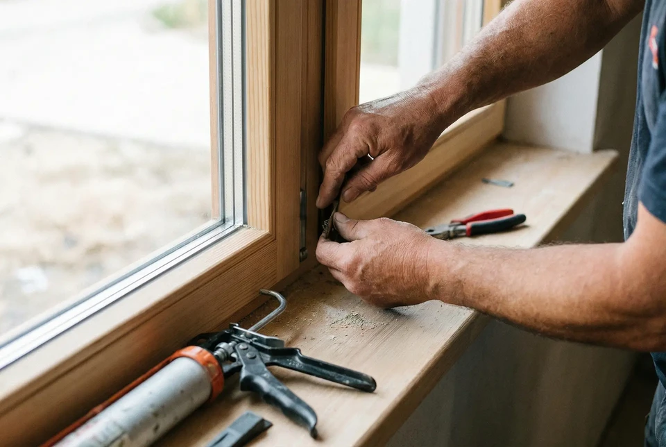 Artisan menuisier barbu en chemise à carreaux travaille dans son atelier sur établi avec planches de bois