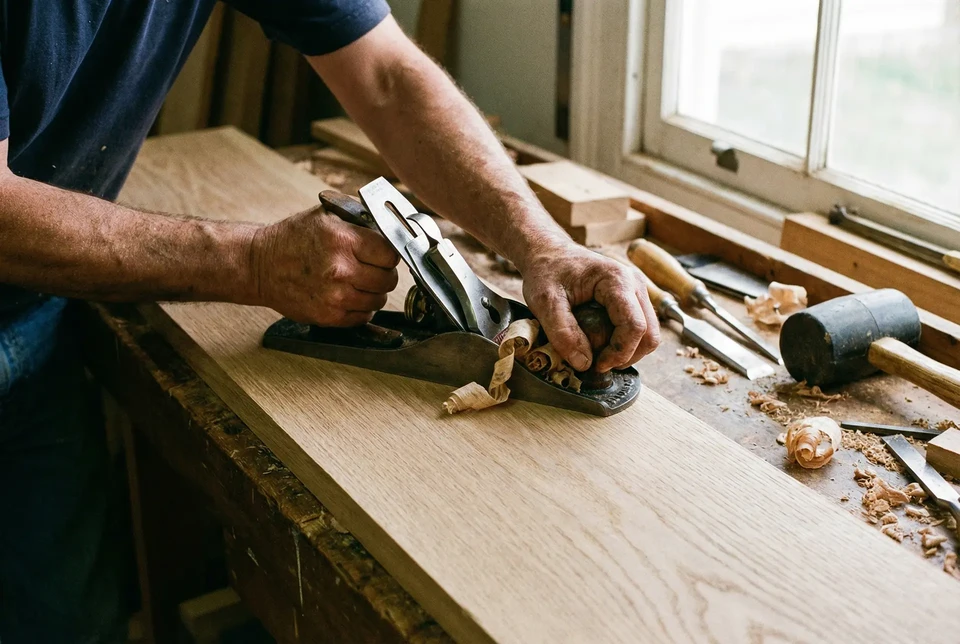 Atelier de menuiserie avec échantillons de bois disposés en éventail sur établi
